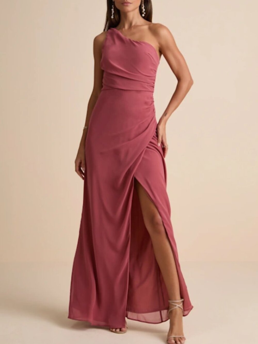 Lulus Adeline Rusty Rose One-Shoulder Scarf Maxi Dress